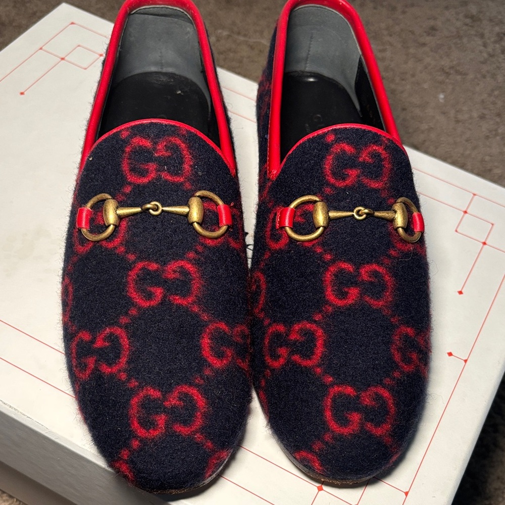 Gucci Woman’s Navy Blue and Red Patterned Loafers